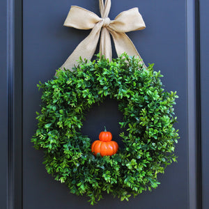 Pumpkin Boxwood Wreath with Bow