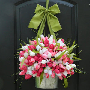Pink Tulip Bucket Door Wreath
