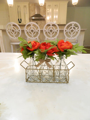 Red Ranunculus Vases with Chicken Wire Basket