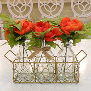 Red Ranunculus Vases with Chicken Wire Basket