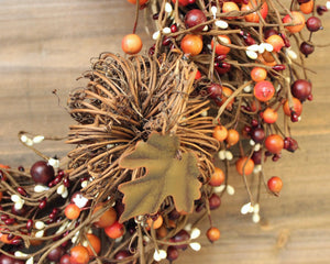Burgundy Orange Cream Berry Wreath with Grapevine Pumpkin