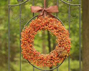 Orange Berry Wreath with Grapevine Pumpkin & Bow