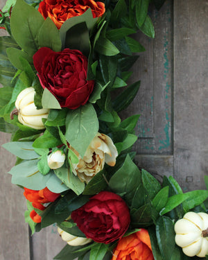 Large Laurel Peony Wreath - Red Orange Cream Flower Wreath - Fall through Winter Wreath