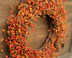 Orange Berry Wreath with Grapevine Pumpkin & Bow