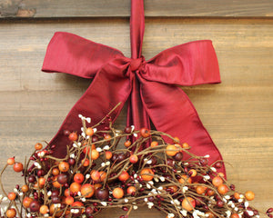 Burgundy Orange Cream Berry Wreath with Grapevine Pumpkin