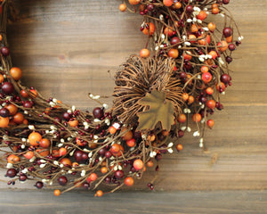 Burgundy Orange Cream Berry Wreath with Grapevine Pumpkin