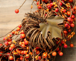 Orange Berry Wreath with Grapevine Pumpkin Bow