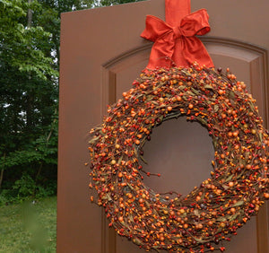 Sunset and Orange Berry Wreath with Leaves - with Bow Wreath Hanger